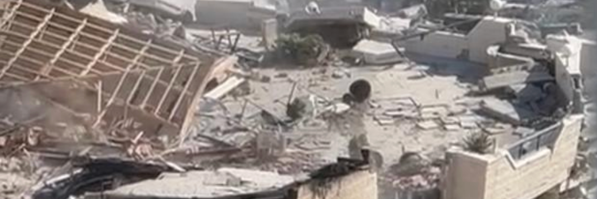 Destroyed Belgian office building in Gaza