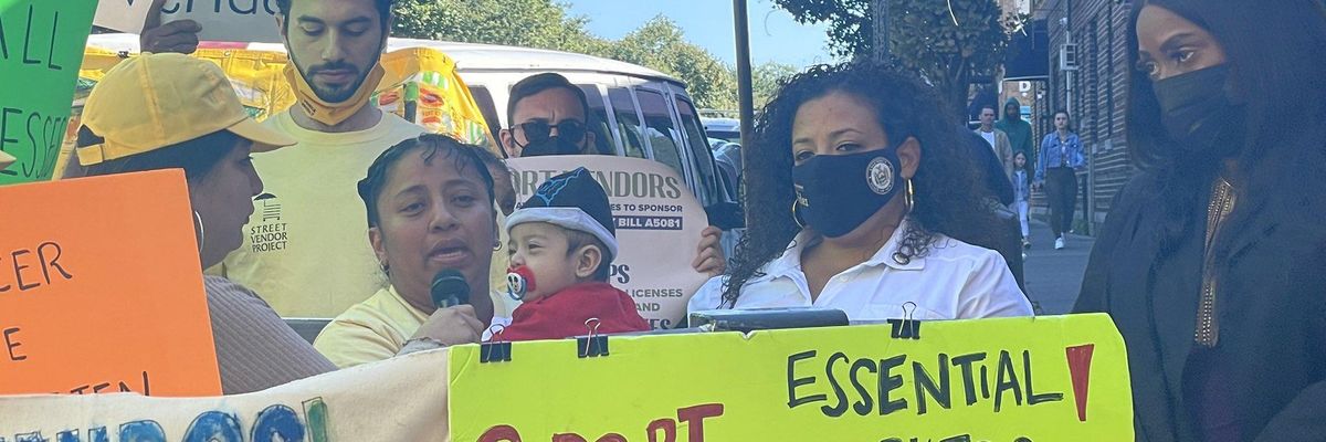 Diana Hernandez Cruz, a Bronx-based food vendor whose produce stand was destroyed last week over a missing permit, speaks at a rally to legalize street vending on September 26, 2021 in New York City. (Photo: Nathalia Fernández via Twitter)