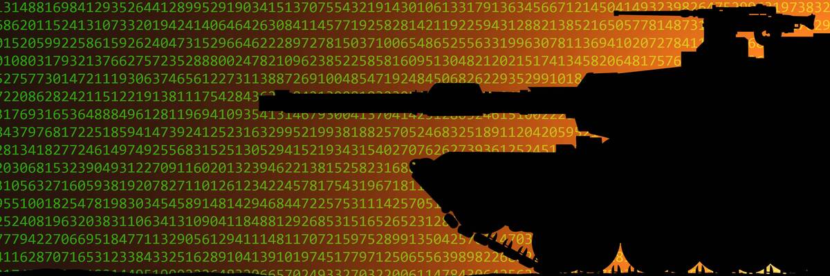 Digital code and armored tank. Cyberwar