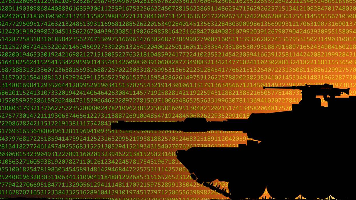 Digital code and armored tank. Cyberwar