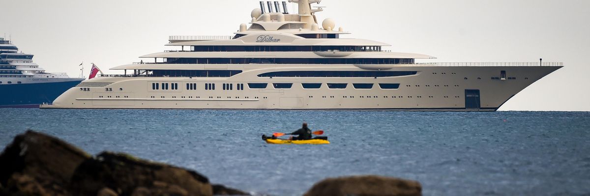 Dilbar, a $600 million superyacht owned by Russian billionaire Alisher Usmanov, anchors in Weymouth Bay on June 8, 2020 in Weymouth, United Kingdom.