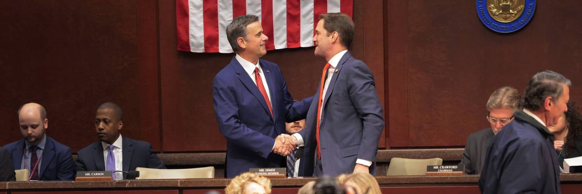Director of the Central Intelligence Agency John Ratcliffe shakes hands with House Permanent Select Committee on Intelligence Ranking Member Jim Himes