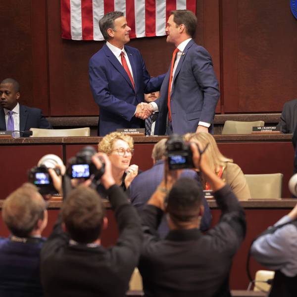 Director of the Central Intelligence Agency John Ratcliffe shakes hands with House Permanent Select Committee on Intelligence Ranking Member Jim Himes