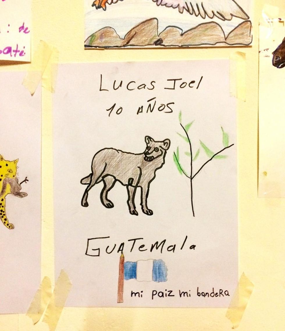 Displayed in the art room, the children's drawings frequently reference their home countries and siblings or parents who remain there. (Photo: Rose Lambert-Sluder)