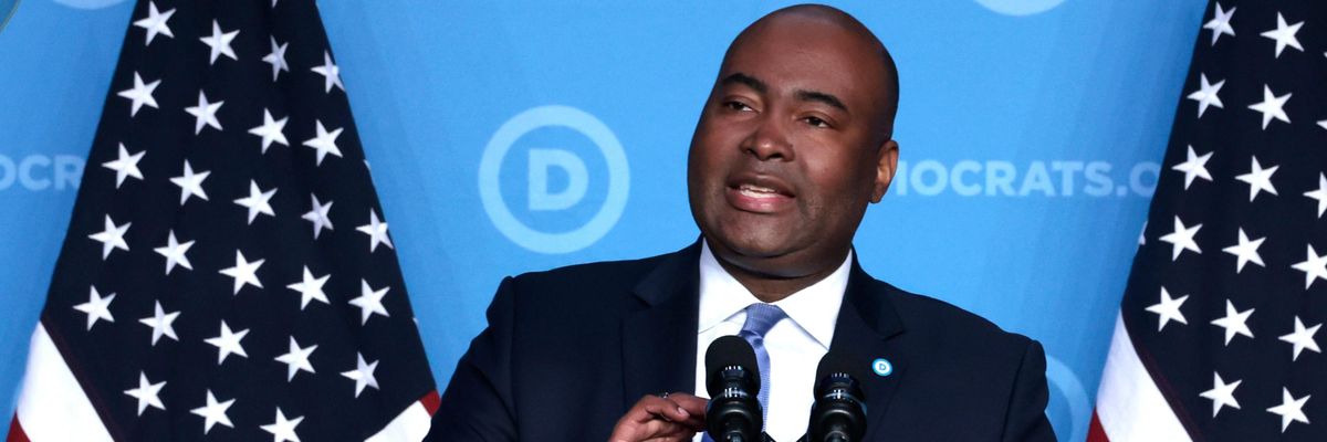 DNC Chair Jamie Harrison delivers a speech