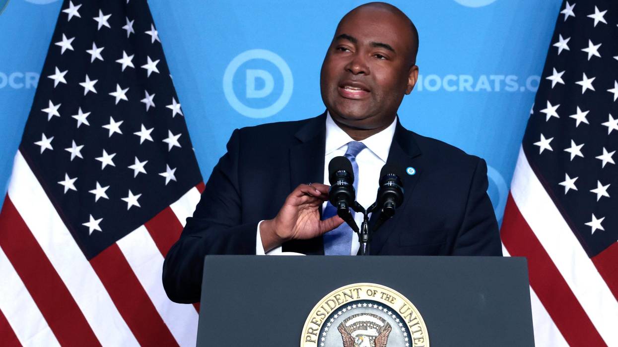 DNC Chair Jamie Harrison delivers a speech