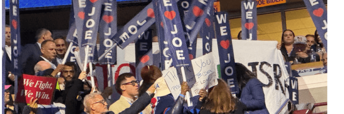 DNC delegates hold up "We Love Joe" signs to block Stop Arming Israel banner