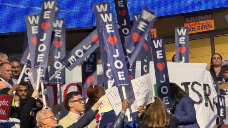 DNC delegates hold up "We Love Joe" signs to block Stop Arming Israel banner