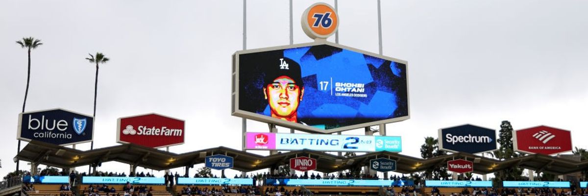 Dodger Stadium with Shohei Ohtani on scoreboard