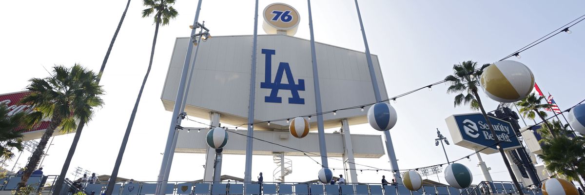 Dodgers Stadium exterior with 76 logo.