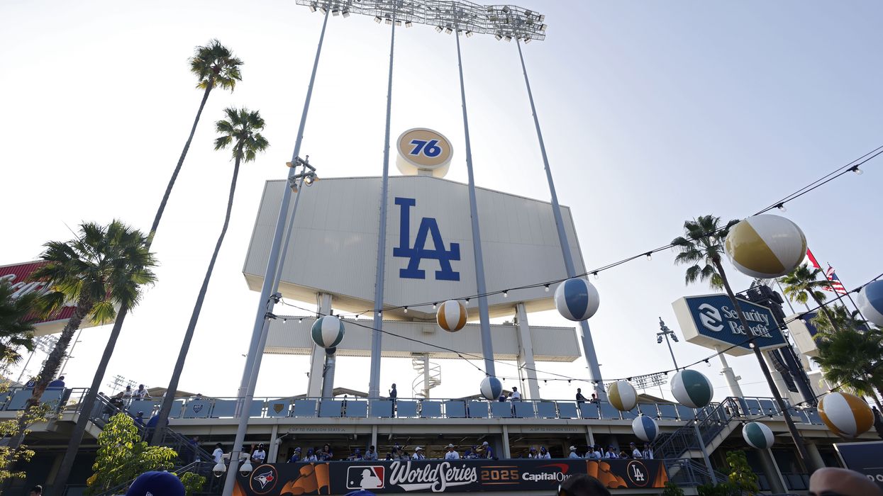 Dodgers Stadium exterior with 76 logo.