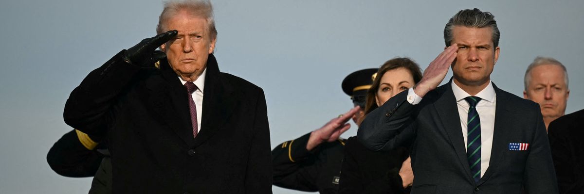 Donald Trump and Pete Hegseth salute