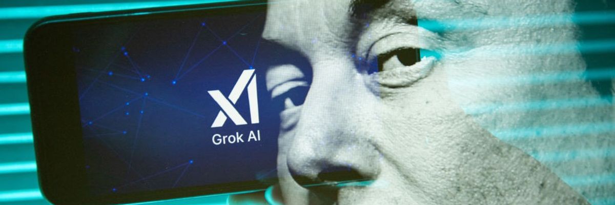 double exposure of Musk with phone with Grok label.