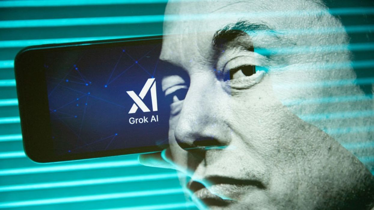 double exposure of Musk with phone with Grok label.