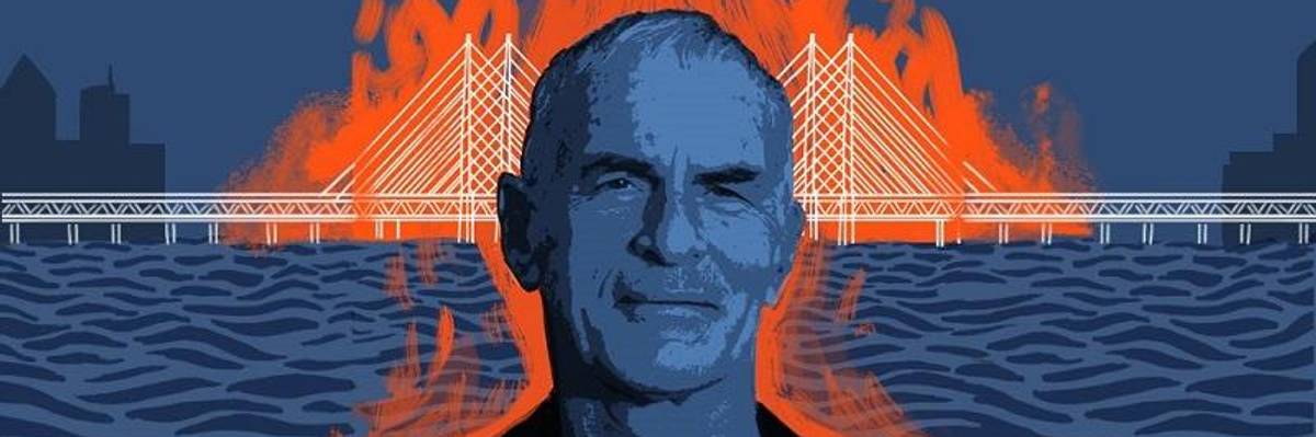 Drawing of academic Norman Finkelstein in front of burning bridge