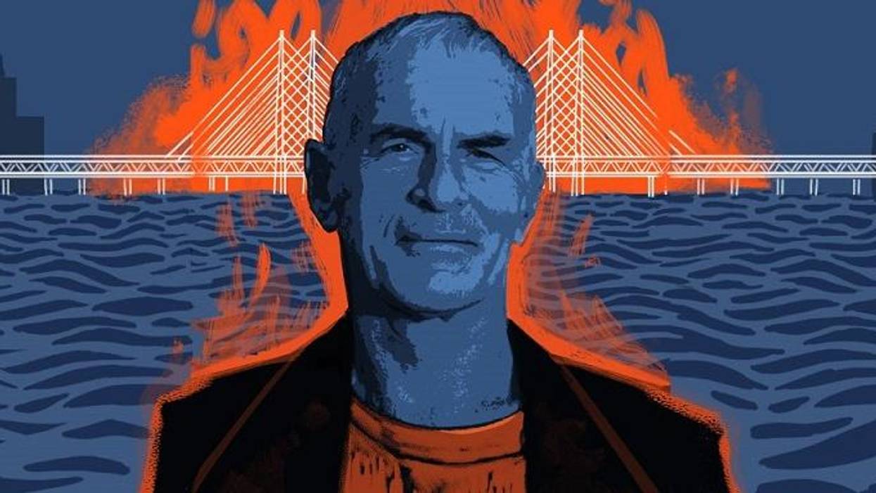 Drawing of academic Norman Finkelstein in front of burning bridge