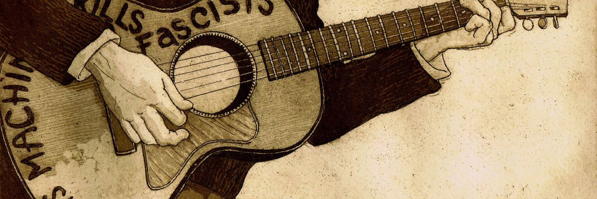 Drawing of Woody Guthrie's guitar, with "This Machine Kills Fascists" written on it. 