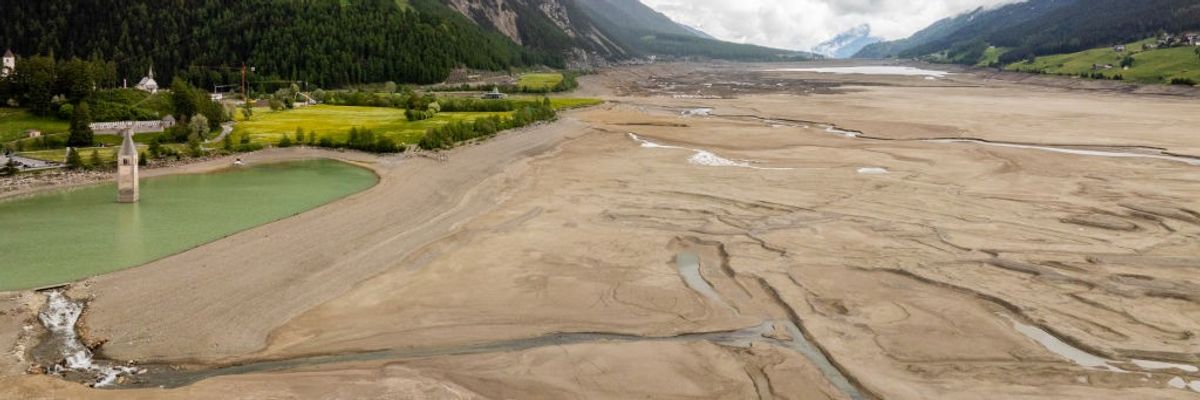 Drone View Of Reschensee Lake Drained for Alpine Road Construction