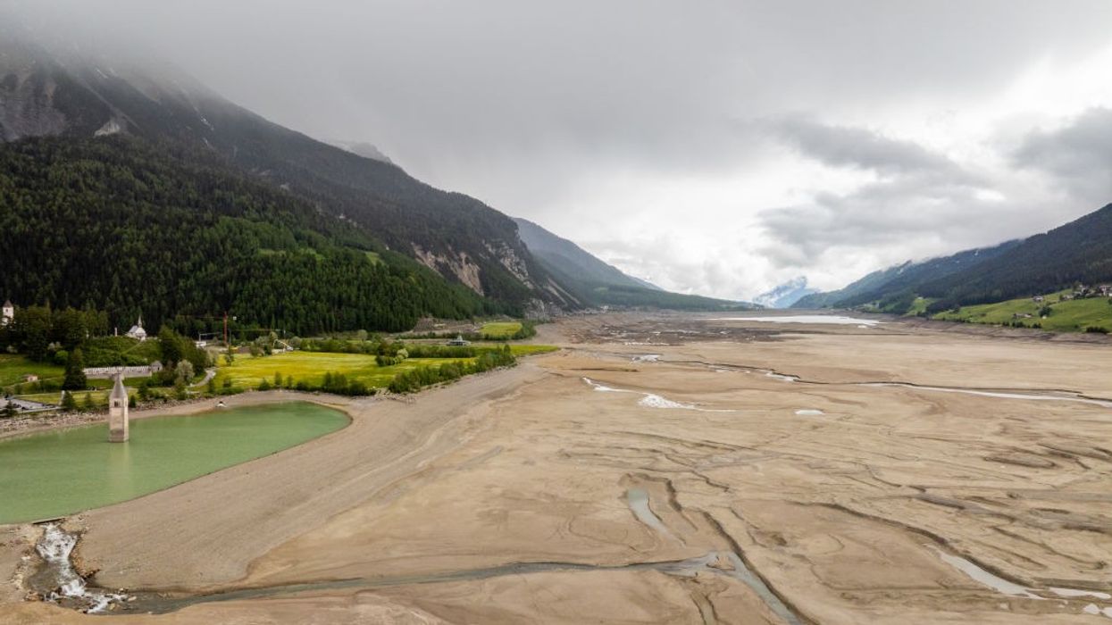Drone View Of Reschensee Lake Drained for Alpine Road Construction