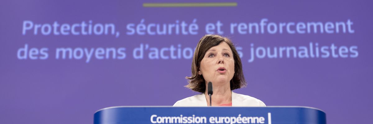 E.U. Commissioner for Values and Transparency Věra Jourová discusses efforts to protect journalists on September 16, 2021 in Brussels, Belgium.