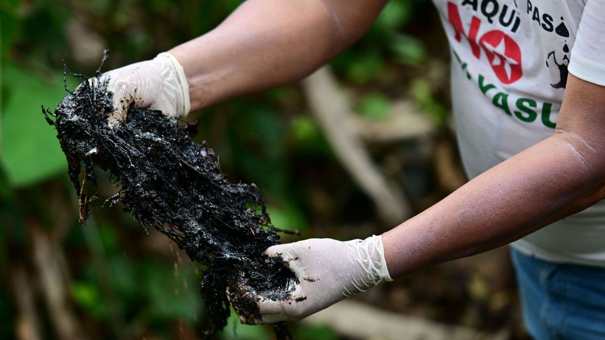 Ecuadorean activist Donald Moncayo Jimenez, chief coordinator of the Union of People Affected by Texaco, shows hydrocarbon waste over an outdoor pool used in the oil drilling process