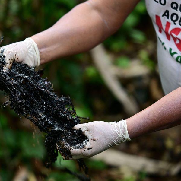 Ecuadorean activist Donald Moncayo Jimenez, chief coordinator of the Union of People Affected by Texaco, shows hydrocarbon waste over an outdoor pool used in the oil drilling process