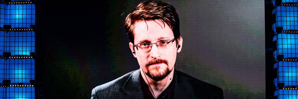 Edward Snowden speaks during a technology conference