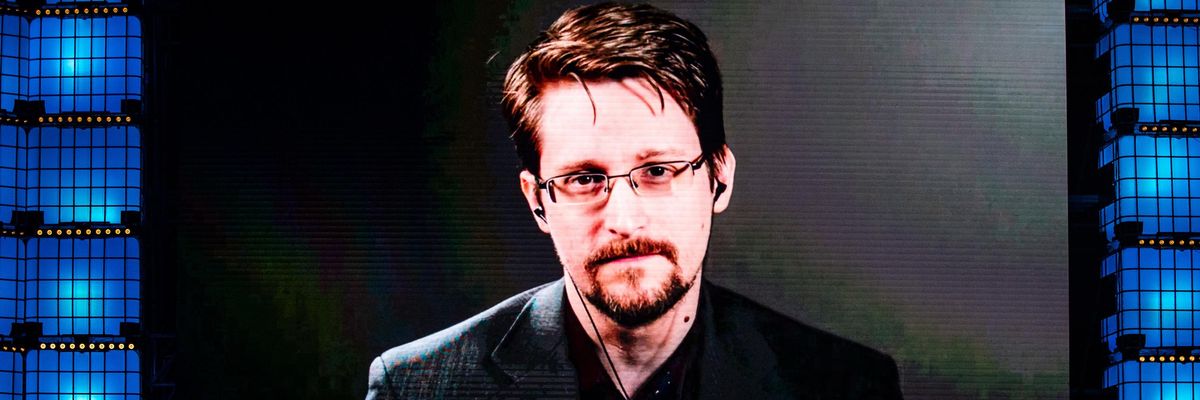 Edward Snowden speaks during a technology conference