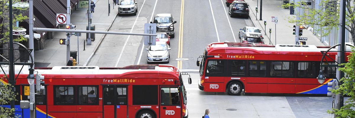 Electric buses are seen on the 16th Street Mall on May 13, 2019 in Denver, Colorado.