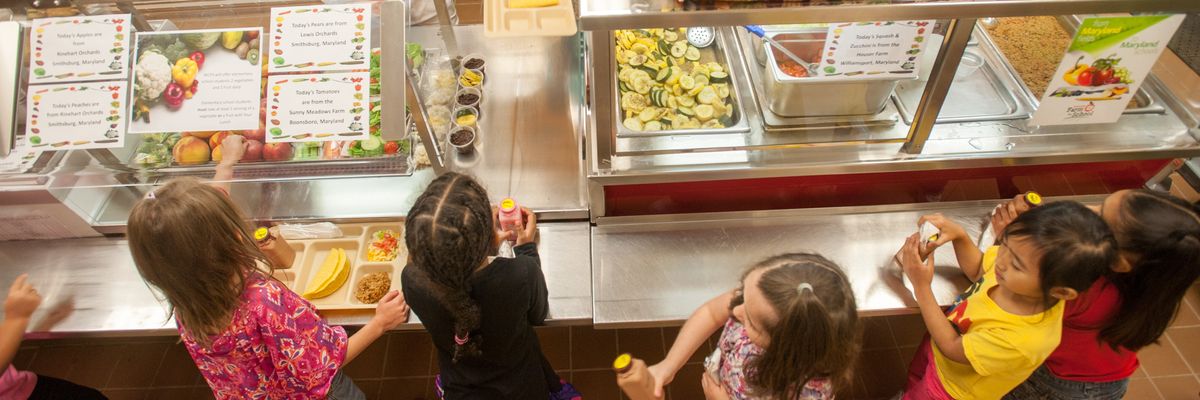 Elementary school children line up in a cafeteria
