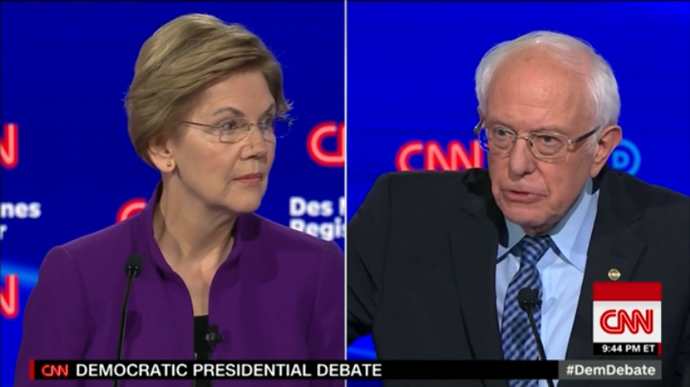 Elizabeth Warren and Bernie Sanders at the CNN Iowa debate