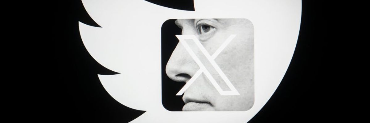 Elon Musk's face super-imposed on the Twitter and X Corp. logos.