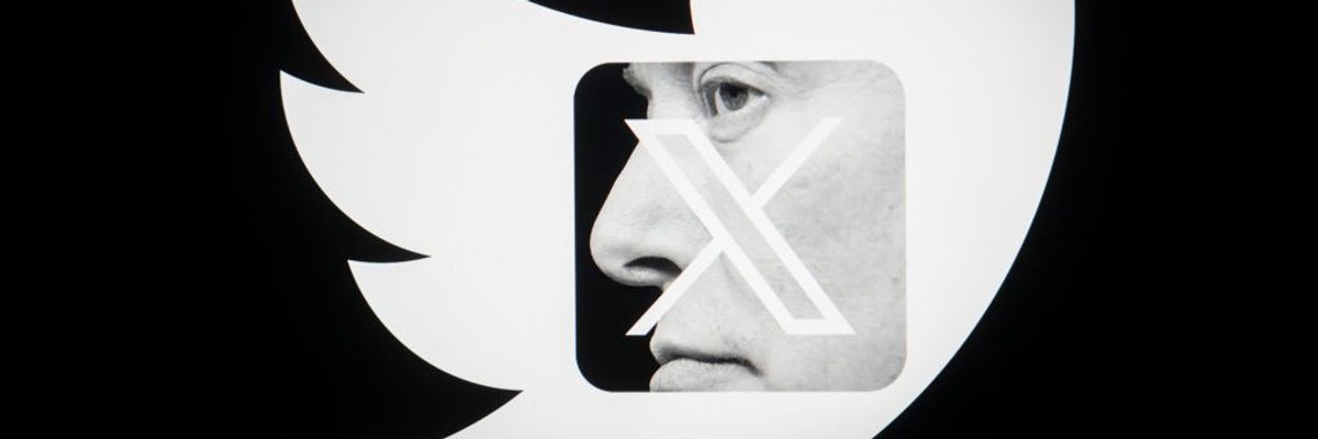 Elon Musk's face super-imposed on the Twitter and X Corp. logos.