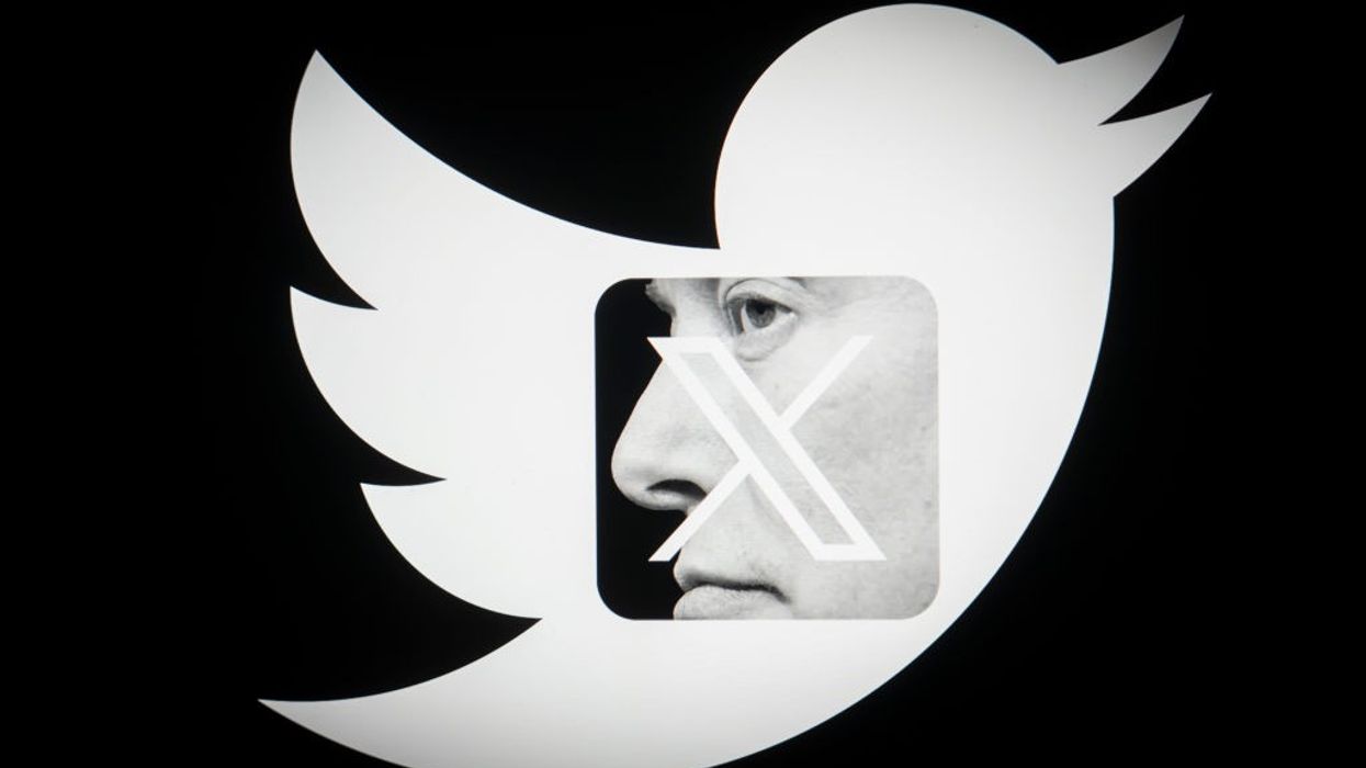 Elon Musk's face super-imposed on the Twitter and X Corp. logos.