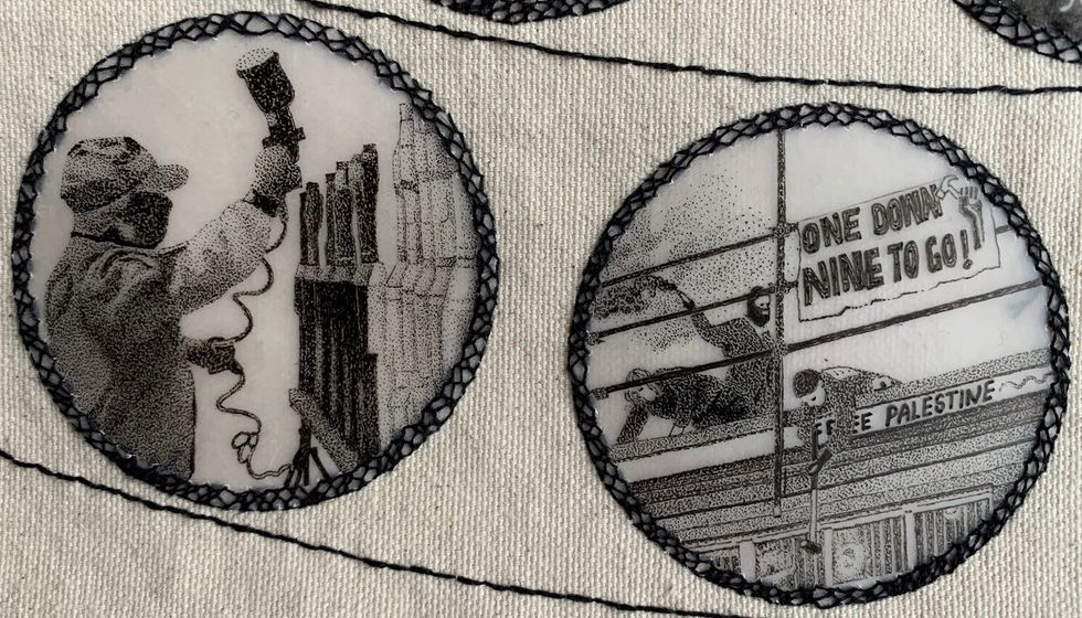 Embroidery of Qassam fighters making grenades and a protest against Ebit Systems.