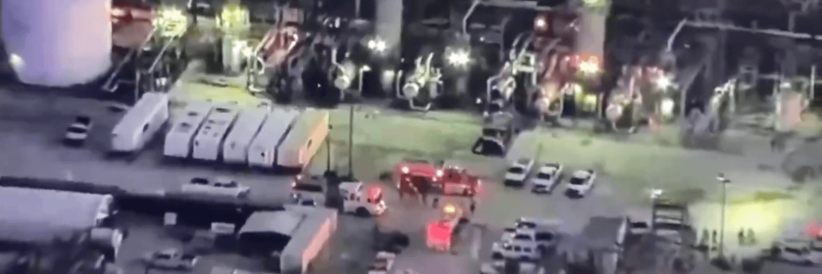 Emergency vehicles are seen at the PEMEX facility in Deer Park, Texas