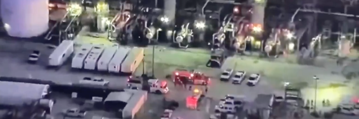 Emergency vehicles are seen at the PEMEX facility in Deer Park, Texas
