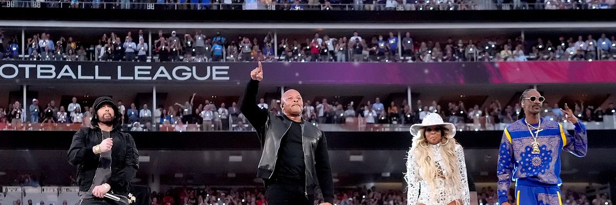Eminem, Dr. Dre, Mary J. Blige, and Snoop Dogg perform onstage during the Pepsi Super Bowl LVI Halftime Show