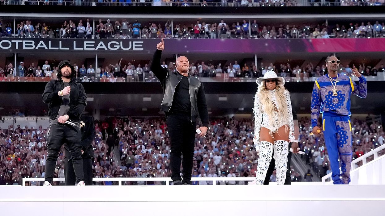 Eminem, Dr. Dre, Mary J. Blige, and Snoop Dogg perform onstage during the Pepsi Super Bowl LVI Halftime Show