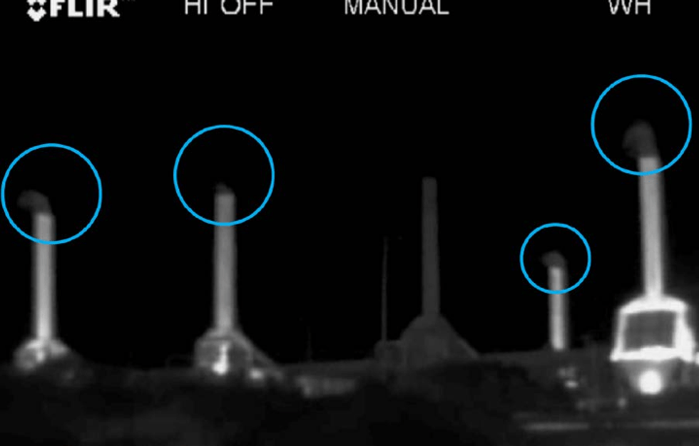 Emissions, circled in blue, observed from a processing facility in the Lost Hills oil field, with the aid of the FLIR infrared camera