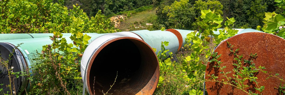 Empty pipeline segments are shown on the property of Maury Johnson, a local farmer and landowner challenging the Mountain Valley Pipeline, on August 26, 2022 in Greenville, West Virginia. ​