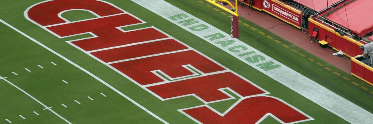 "End Racism" in Kansas City Chief's end zone