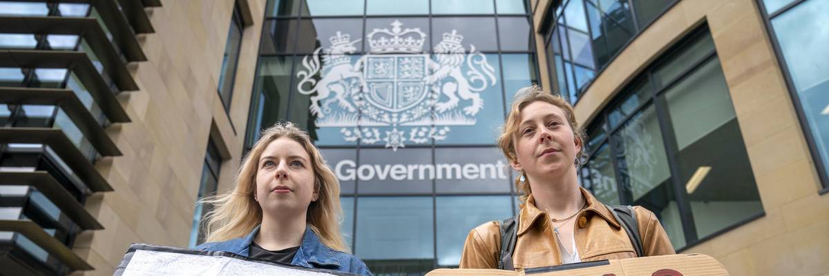Environmental campaigners from Friends of the Earth protest outside the U.K. government building in Edinburgh to demand the U.K. government reverse its decision to approve Shell's Jackdaw gas field in the North Sea and instead move away from fossil fuels, on June 2, 2022. (Photo: Jane Barlow/PA Images via Getty Images)
