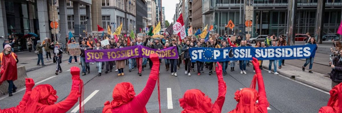 Extinction Rebellion climate protesters block the Rue Belliard in Brussels, Belgium