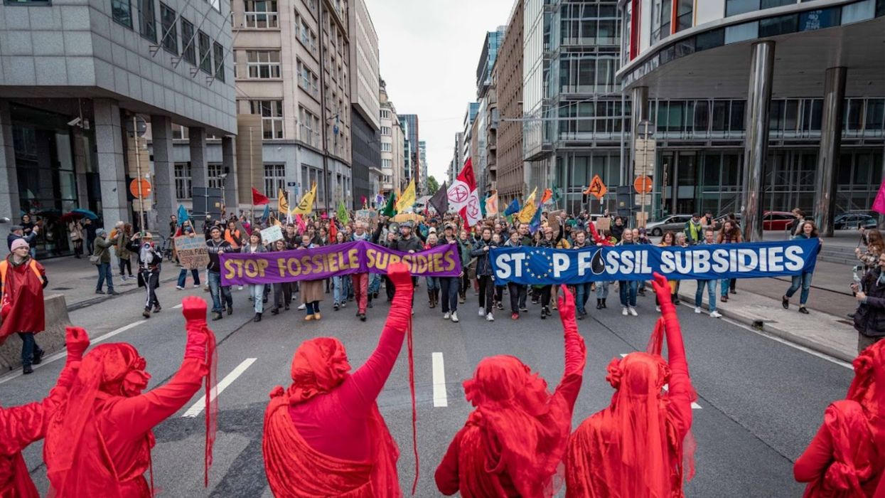 Extinction Rebellion climate protesters block the Rue Belliard in Brussels, Belgium