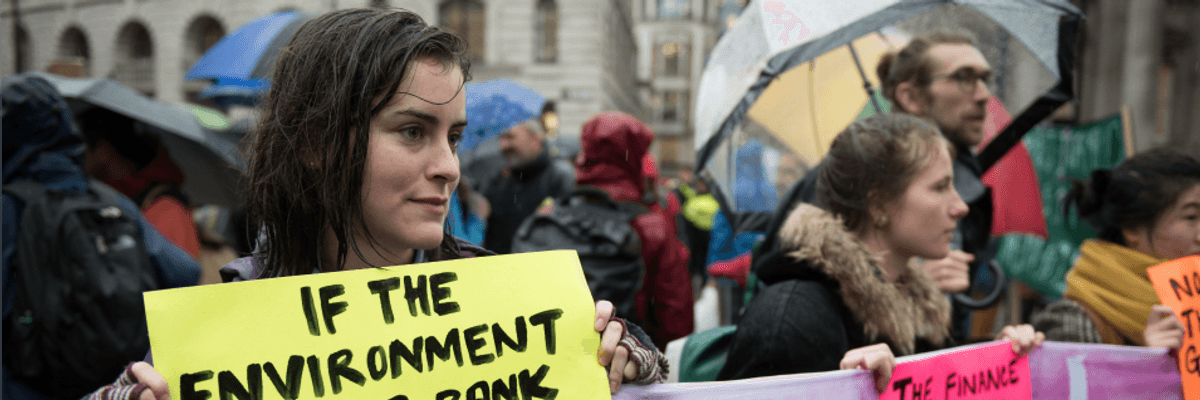 Extinction Rebellion protesters block the roads outside the Bank of England on October 14, 2019 in London.