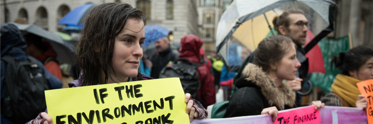 Extinction Rebellion protesters block the roads outside the Bank of England on October 14, 2019 in London.