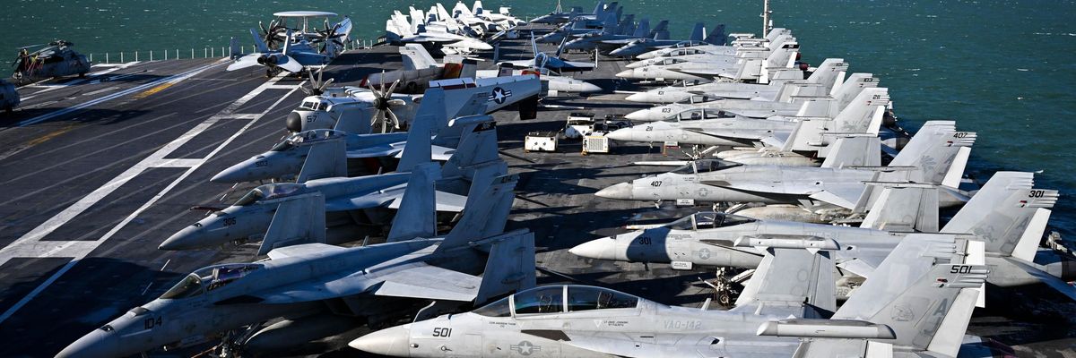 F-18 jet fighters are seen on the flight deck of USS Gerald R. Ford