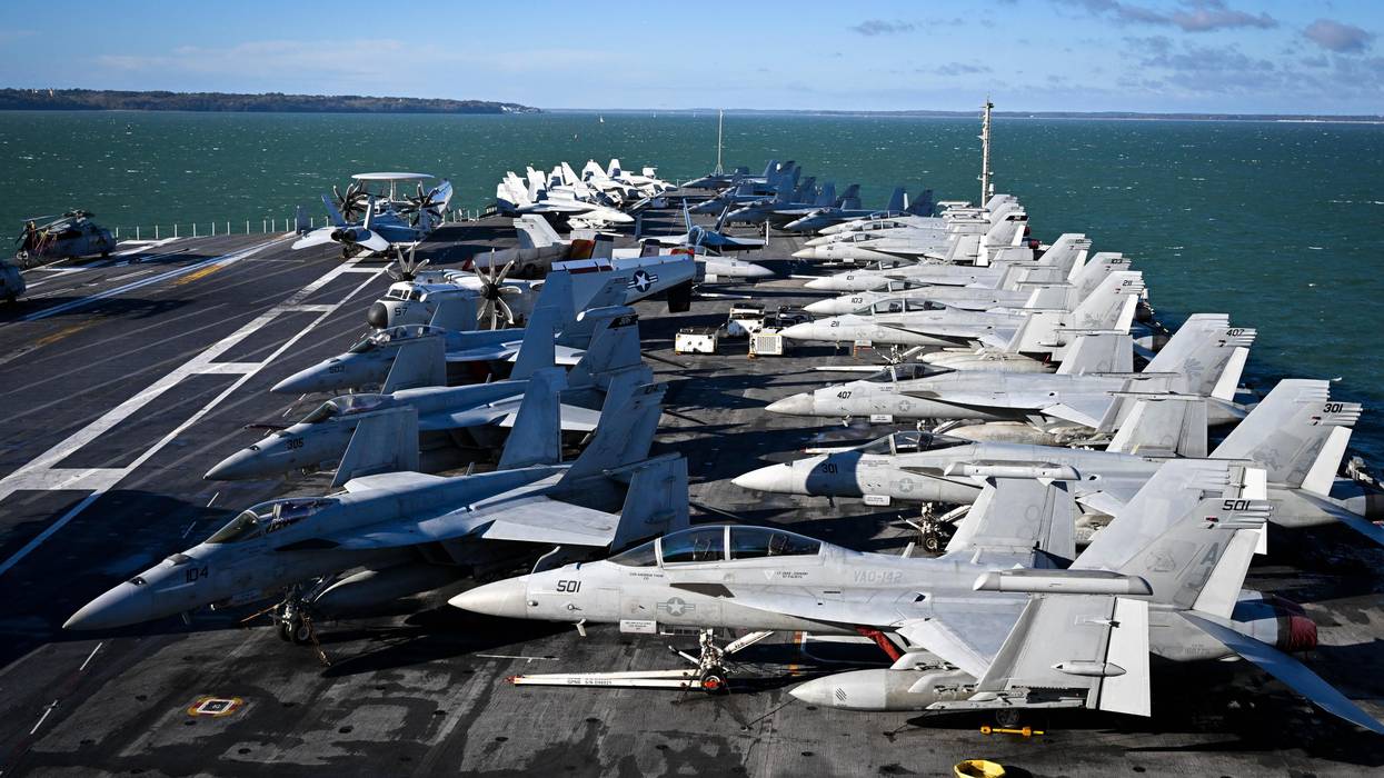 F-18 jet fighters are seen on the flight deck of USS Gerald R. Ford