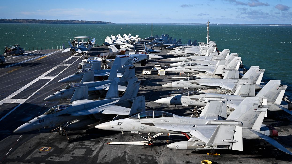 F-18 jet fighters are seen on the flight deck of USS Gerald R. Ford